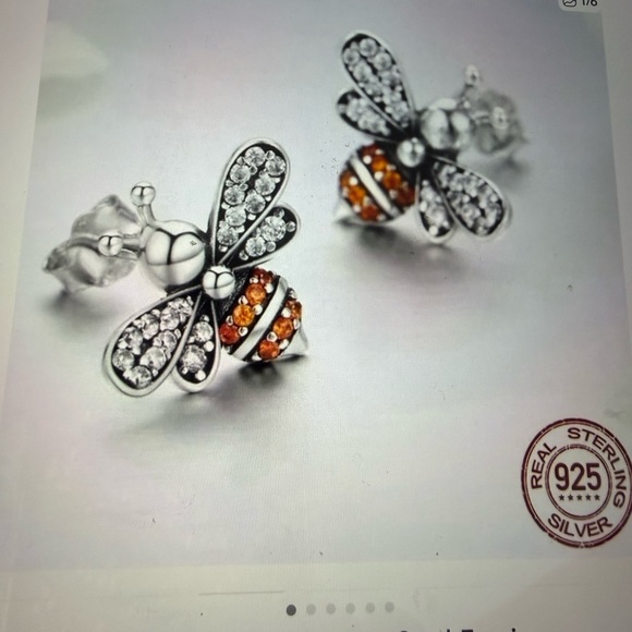 Jewelry - Sterling Silver Bee Earrings with Orange and Silver Accents